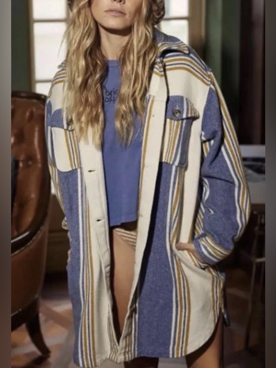 aerie Jackets & Blazers - Aerie Oversized Flannel Shacket Jacket Cream Blue Stripe Cotton Size M